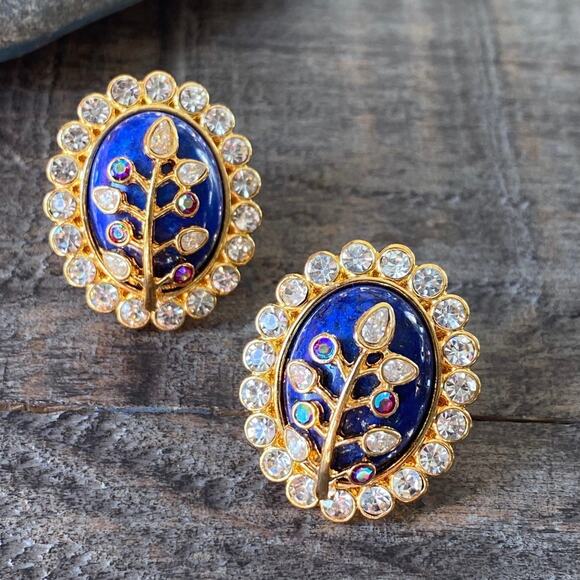 Anthropologie Jewelry - NEW Floral Rhinestone and Lapis Statement Earrings